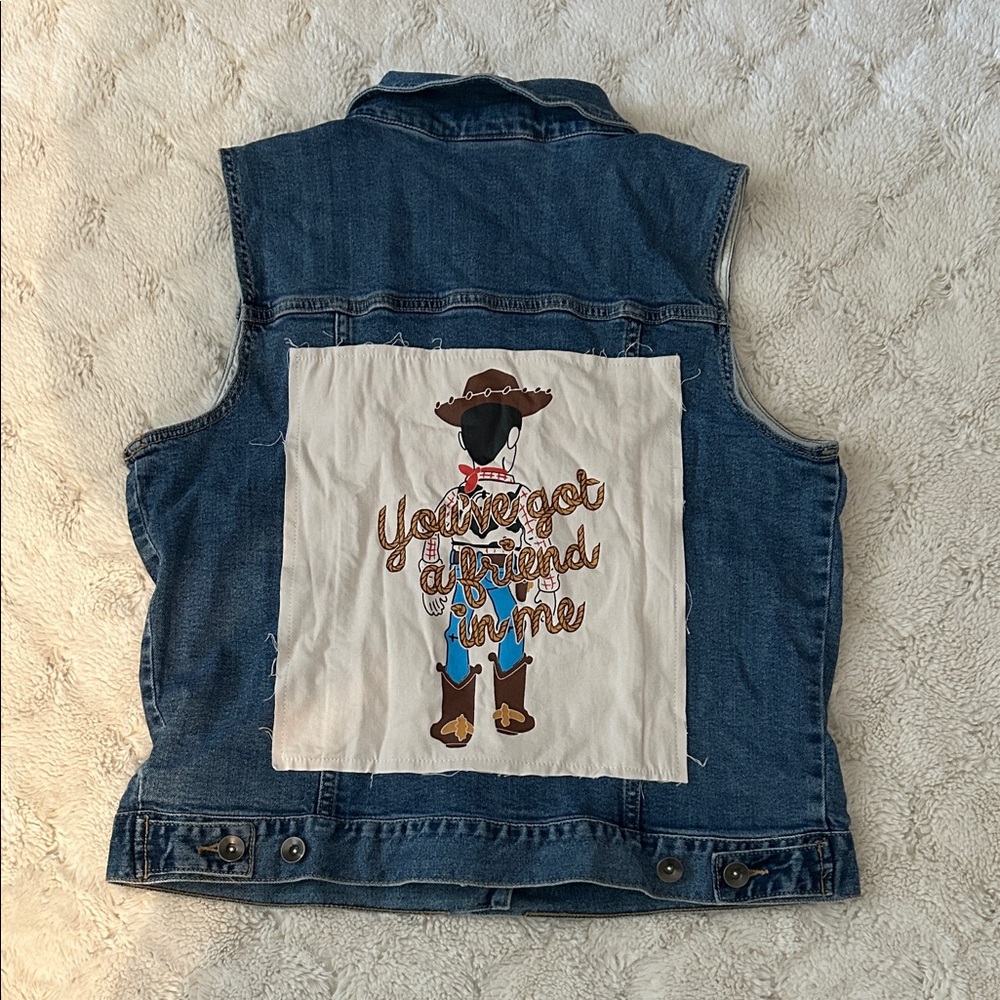 Blue Denim Vest with Cream Embroidered Back Patch